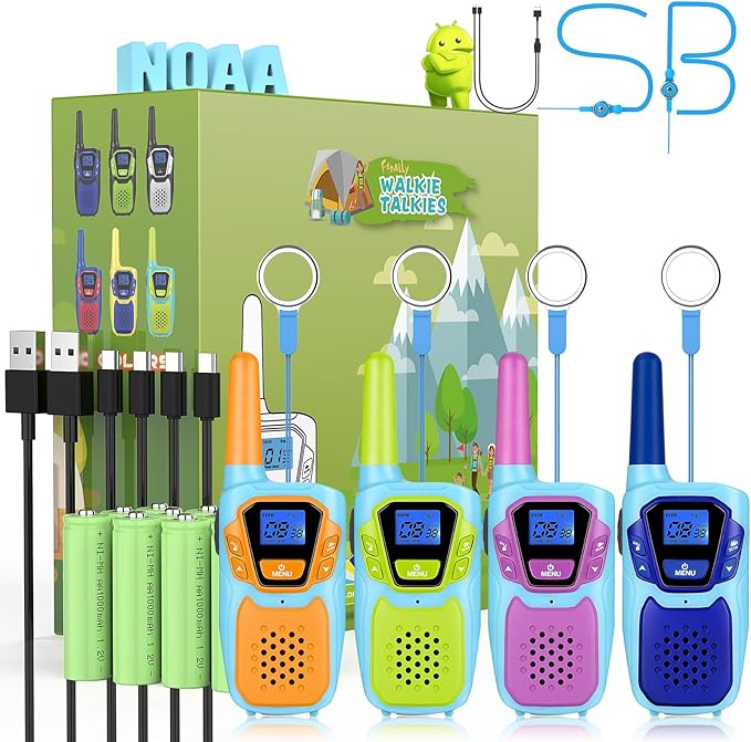 Walkie Talkies for Kids Rechargeable 4 Pack Walkie-Talkies Long Range 4 Miles NOAA FRS 2 Way Radio for Adults Camping Skiing Cruise, Family Adventure Toys for 3-12 Year Old Boys Girls Toddlers