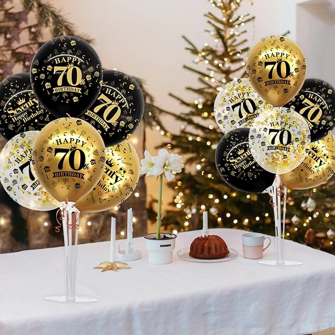 TONIFUL 4 Set Black Gold Balloon Stand Kit for Birthday Decorations for 70th,Balloon Centerpieces for Table Party Decorations Cheers to 70 Years Old Birthday for Men and Women