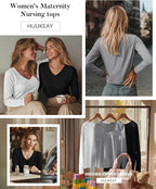 Huukeay 3 Pack Women's Long Sleeve Nursing Tops, Breastfeeding Hidden Zippers Shirts V Neck Maternity Pregnancy Tees Clothes