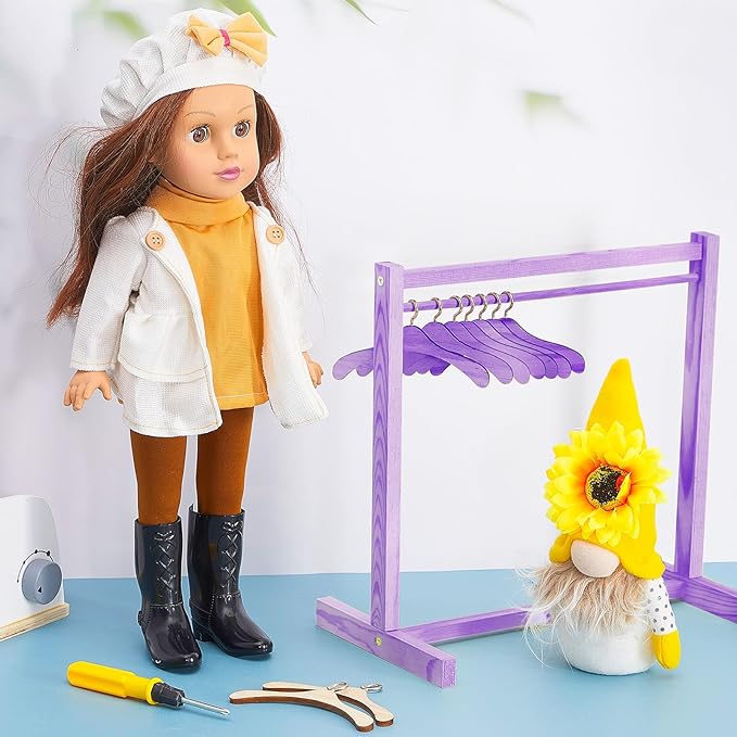 Civaner 11 Pcs Doll Garment Rack with Wooden Clothes Hanger for 18 Inch Girl Doll Clothes Mini Hangers Wardrobe Furniture Accessories for Dollhouse Baby Shower Supplies (Purple)