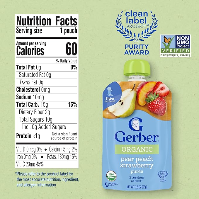 Gerber Stage 2 Baby Food, Organic Pear Peach Strawberry Puree Pouch, 2 Servings of Fruit, No Added Sweetener, No Artificial Colors or Flavors, 12-Pack