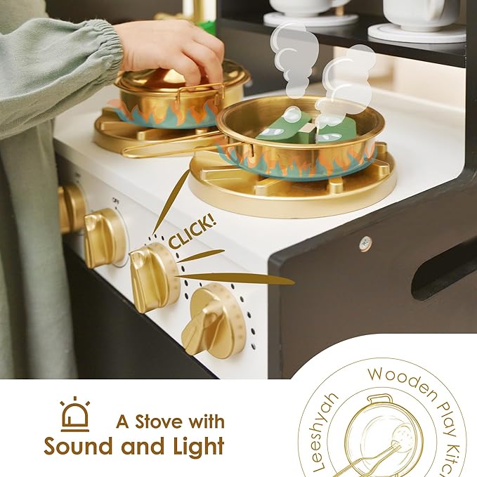 Interactive Wooden Play Kitchen for Kids 3+ Realistic Stove Sounds & Ice Maker Pretend Playset with 12 Kitchen Accessories Montessori Toy