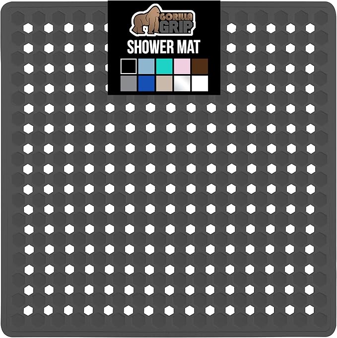 GORILLA GRIP Patented Square Shower Stall Mat, Small Bathtub Floor Mats for Stand Up Showers, Suction Cups and Drain Holes, Machine Wash, Soft on Feet, Bathroom Accessories 21x21 Inch, Charcoal Opaque