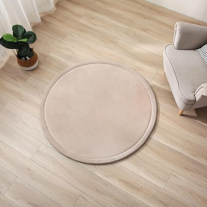 Hakuna Matte Coral Velvet Baby Play Mat Ø 47" Beige – High-Density Memory Foam Area Rug – Playmat for Floor with Non-Slip Backing for Crawling, Playing & Tummy Time