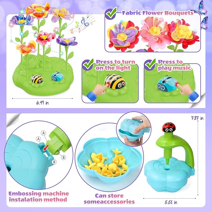 KLAPTOR Arts and Crafts for Kids Ages 4-6: Toys for Ages 5 6 7 8 9 – Birthday Gifts & Craft Set for Girl Age 3-9 - DIY 30+ Flower Bloom Maker with Music Light Base Vase Fridge Magnets Cards