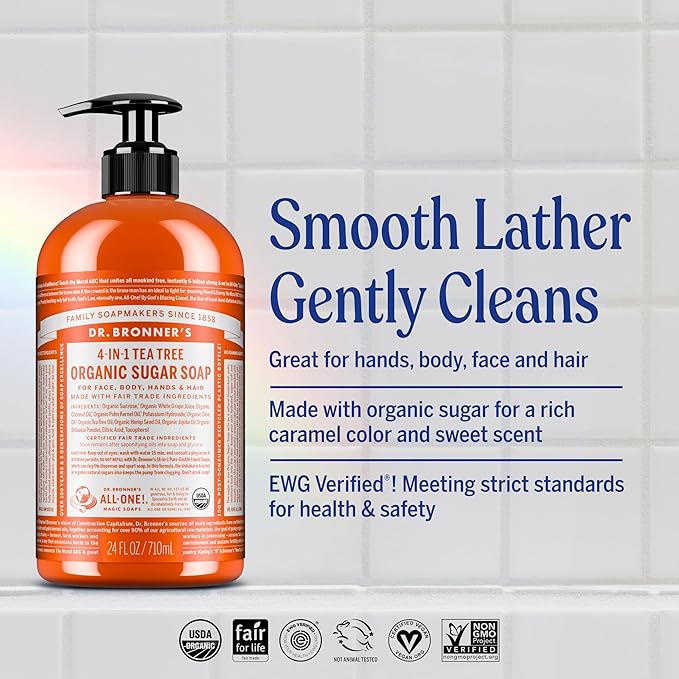 Dr. Bronner's - Organic Sugar Soap (Tea Tree, 64 Ounce) - Made with Organic Oils, Sugar and Shikakai Powder, 4-in-1 Uses: Hands, Body, Face and Hair, Cleanses, Moisturizes and Nourishes, Vegan