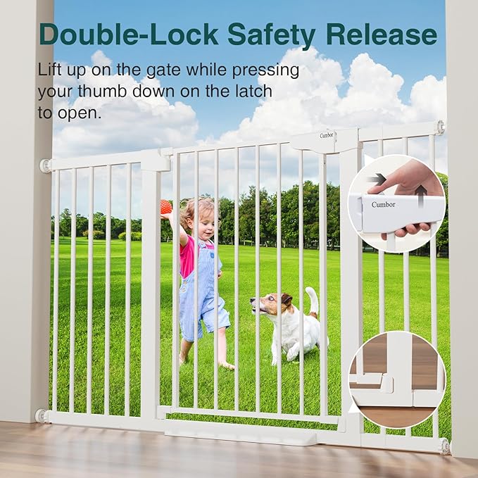 Cumbor 29.7-54.2" Wide Baby Gate for Stairs, Mom's Choice Awards Winner-Self Closing Dog Gate Indoor for Doorways, No Drilling Pressure Mounted Pet Gates for Kids, Easy Walk Through Safety Gate, White