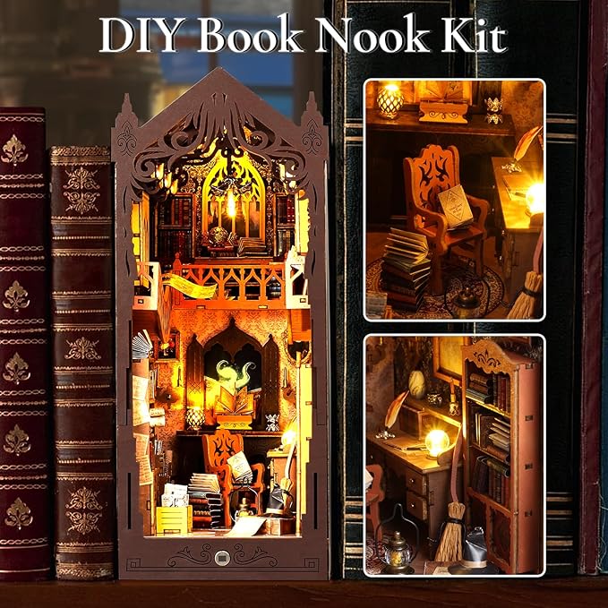 TuKIIE DIY Book Nook Miniature Kit, Booknook Dollhouse Bookshelf Insert with Sensor Light & Dust Proof, Wooden Decorative Bookend Stand Model Kits for Kids Teens Adults(Magic Library)