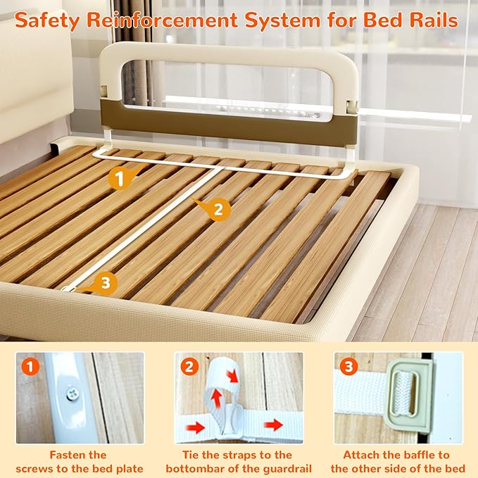 Bed Guard Rail for Toddlers - 32" Adjustable Heights & Folding up Portable Bed Railing for Baby - Toddler Bed Rails Guard for Crib, Twin, Bunk,Full Size, Queen & King Bed
