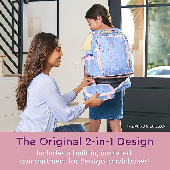 Bentgo Kids 2-in-1 Backpack & Insulated Lunch Bag - Durable 16” Backpack & Lunch Container in Unique Prints for School & Travel - Water Resistant, Padded & Large Compartments (Lavender Galaxy)