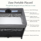 Evolur Zane Portable Playard with Instant Fold, Removable Mattress Cover & Full-Size Zipper Bassinet – Lightweight Travel Crib for Infant (0–18 Months) Grey