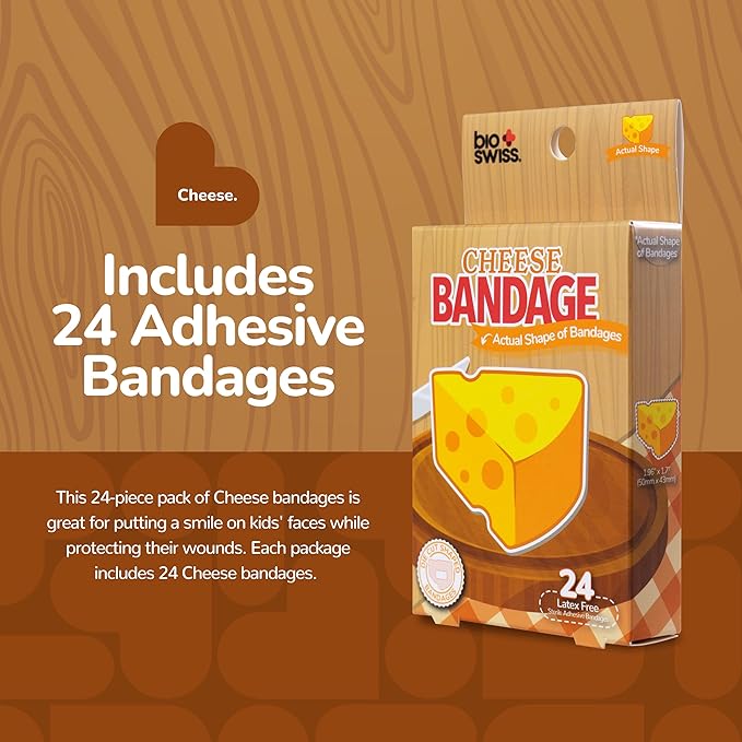 BioSwiss Bandages, Cheese Shaped Self Adhesive Bandage, Latex Free Wound Care, Fun First Aid Kit Supplies for Kids and Adults, 24 Count