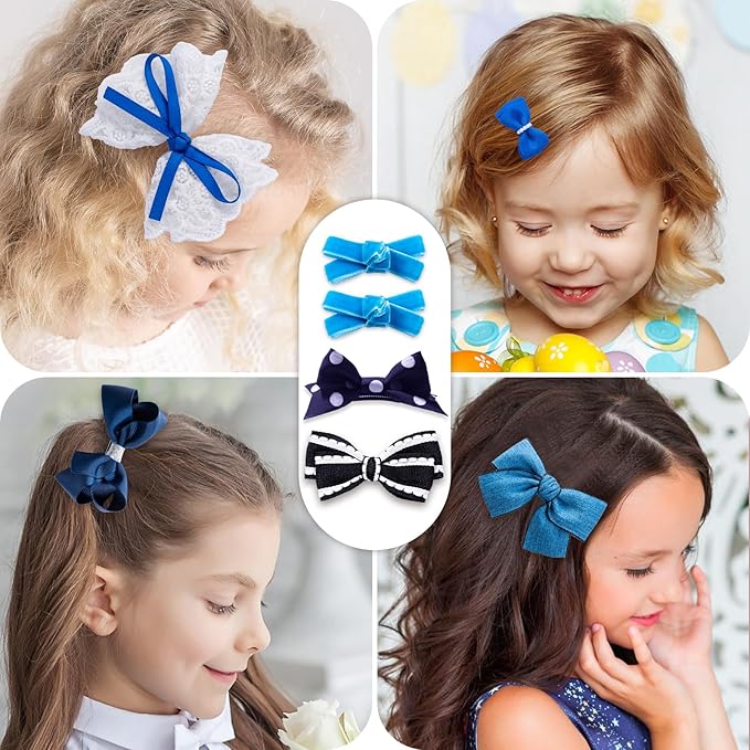 18pcs Blue Hair Bows for Girls,Toddlers,Teens,Women.Fully Lined Alligator Hair Clips,Cute Hair Ties,Non-slip Snap Hairpins,Handmade Hair Accessories Gift Set