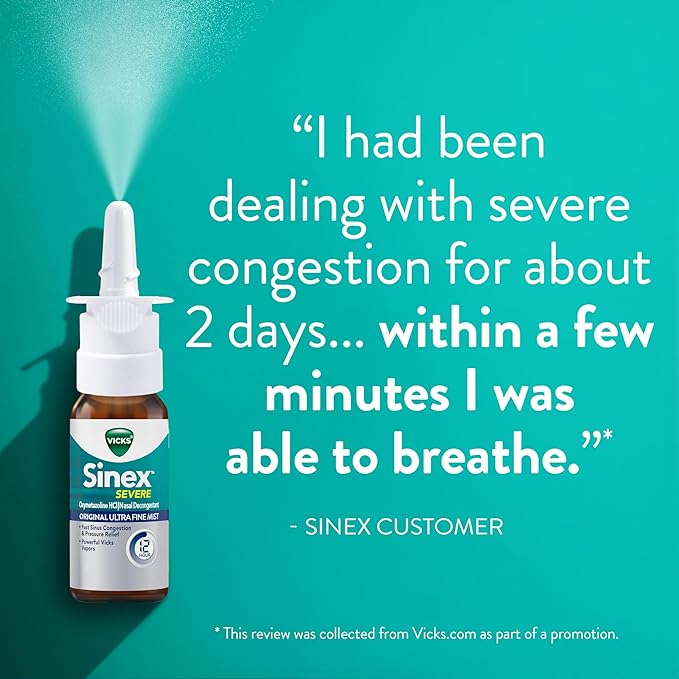 Vicks Sinex SEVERE Allergy & Sinus Nasal Spray, Original Ultra Fine Mist, Decongestant Medicine, Relief from Nasal Congestion due to Cold or Allergy, Sinus Pressure Relief, 265 Sprays x 2