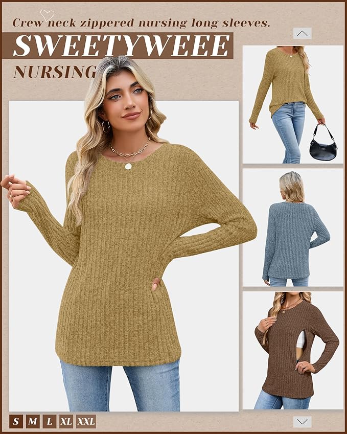 3 Pack Women's Nursing Long Sleeve Tops Breastfeeding Thermal Sweaters with Hidden Zipper Maternity Ribbed Shirts
