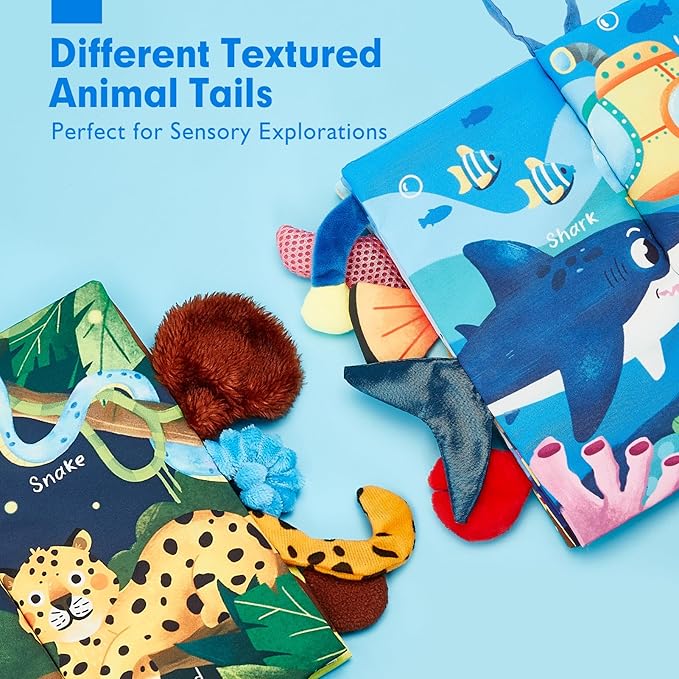 hahaland Baby Toys 0-6 Months - Crinkle Books for Babies 2PCS, Cloth Texture Tails Sensory Book 6-12 Months - Soft, Tummy Time, Montessori Toys 3 4 5 Month Newborn Twin Boys Gifts Travel Infant Toy