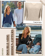 3 Pack Women's Maternity Nursing Tops, V Neck Breastfeeding Sweaters Long Sleeve Hidden Zipper Shirts