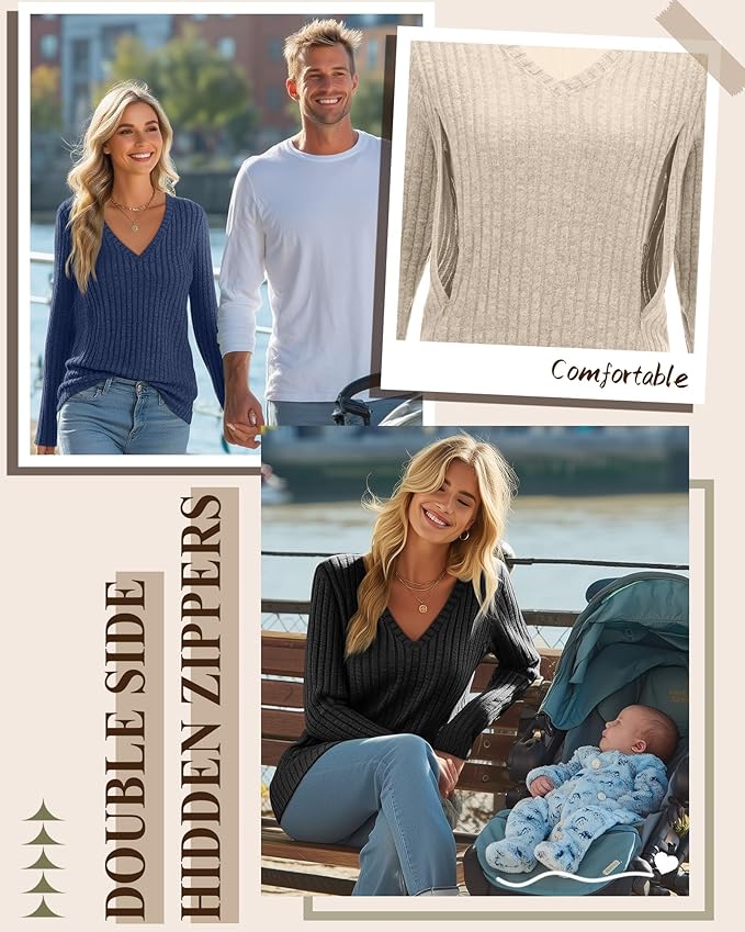 3 Pack Women's Maternity Nursing Tops, V Neck Breastfeeding Sweaters Long Sleeve Hidden Zipper Shirts