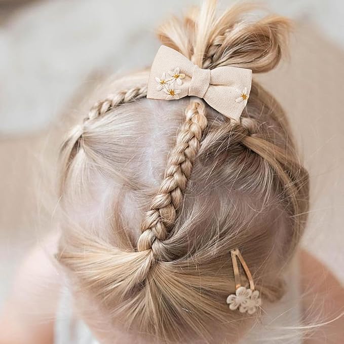 Baby Toddler Girls Hair Ties with Daisy Linen Bows,12 pcs No Damage Elastic Nylon Hair Bands Ponytail Holders,Small Hair Accessories Gifts for Girls Kids Children Thick Thin Hair