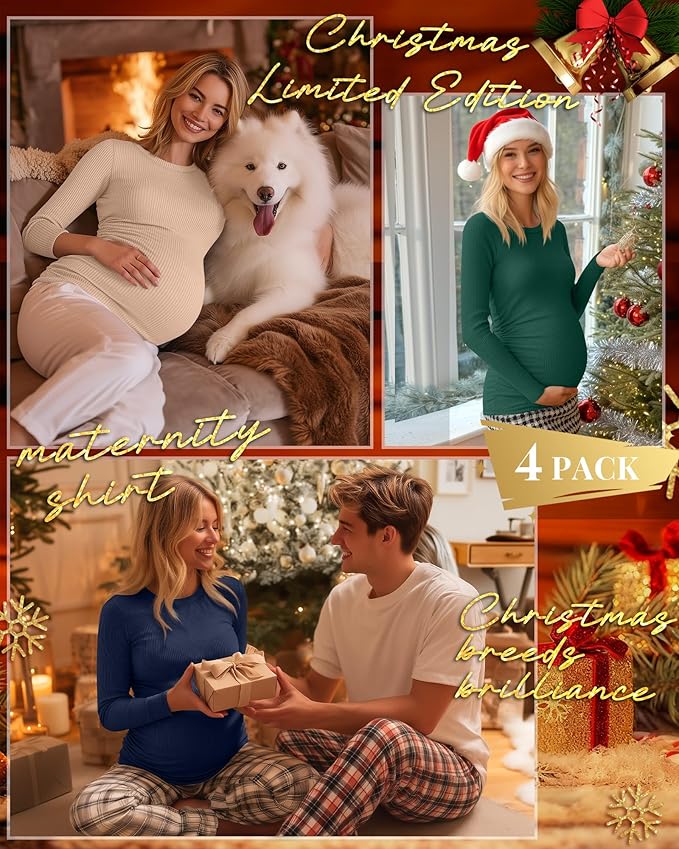 Ficerd 4 Pack Women's Maternity Shirts Cotton Long Sleeve Ribbed Crew Neck Pregnancy Tops Side Ruched Casual Mama Clothes