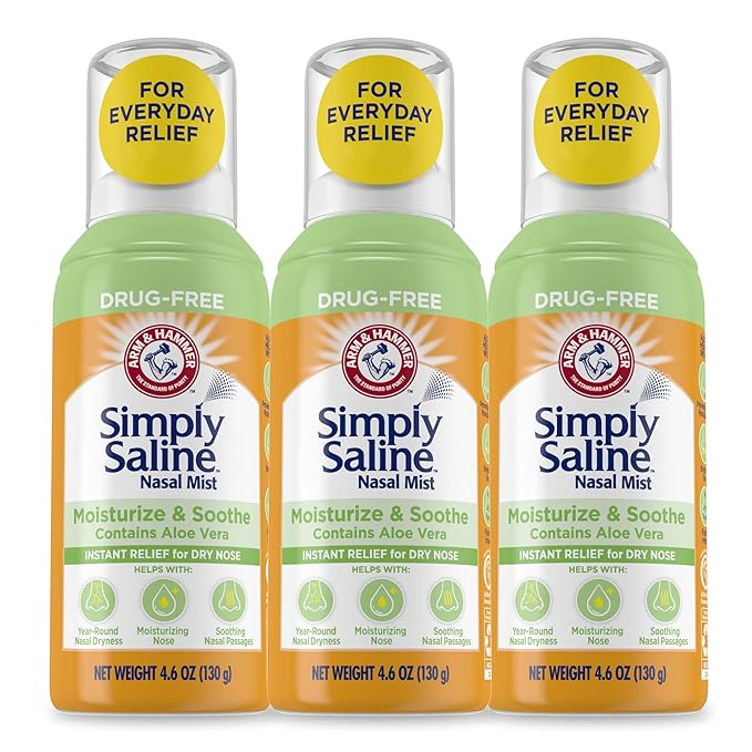 Arm & Hammer Simply Saline Moisturize & Soothe Nasal Mist, Drug-Free Moisturizing Saline Nasal Spray for Instant Relief for Dry Nose, 4.6 Oz (130 g), 3 Pack