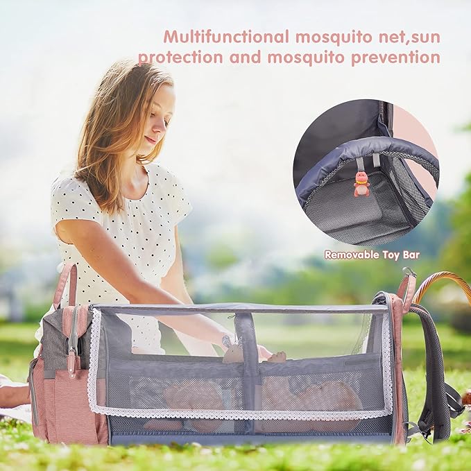 DERJUNSTAR Baby Diaper Bag Backpack with ChangingStation-Large Capacity Baby Bag for Boys & Girls, USBCharging Port, Pacifier Case, sunshade & Toy Bar,Waterproof, Baby Pink