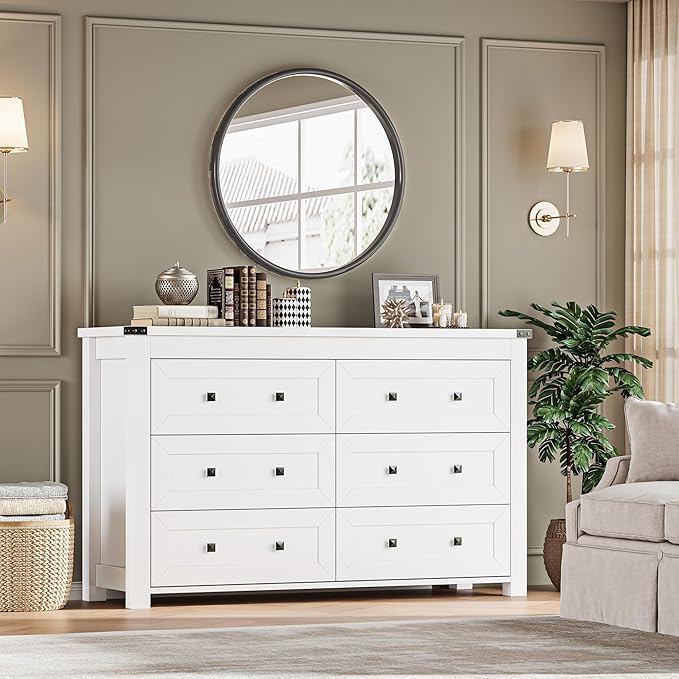 6-Drawer Dresser, Modern Wooden Storage Chest of Drawers, Dresser TV Stand, Wood Drawer Organizer with Metal Handles for Bedroom, Living Room, Hallway