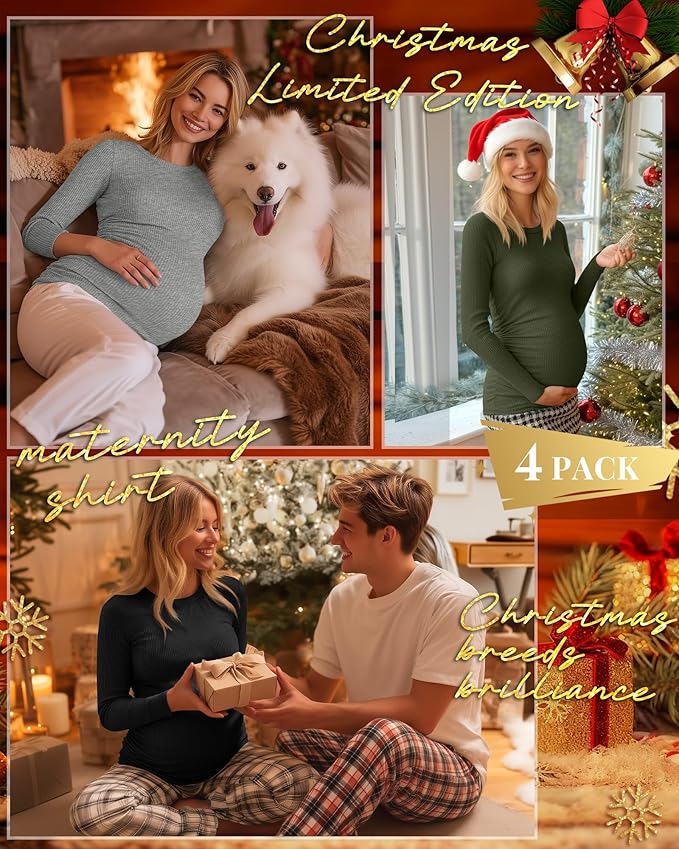 Ficerd 4 Pack Women's Maternity Shirts Cotton Long Sleeve Ribbed Crew Neck Pregnancy Tops Side Ruched Casual Mama Clothes