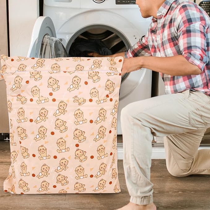 2pcs Travel Waterproof Laundry Bag, Cloth Diaper Wet Dry Bags with Handle & 2 Zipper Pockets, Reusable Washable Dirty Clothes Bag for Baby Adult Travelling Hanging, Bathing Beach Pool Daycare