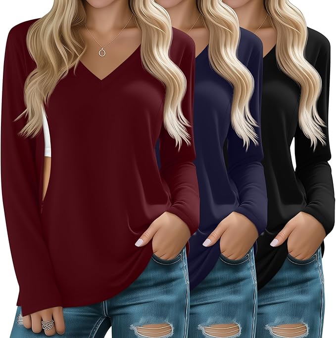 Huukeay 3 Pack Women's Long Sleeve Nursing Tops, Breastfeeding Hidden Zippers Shirts V Neck Maternity Pregnancy Tees Clothes