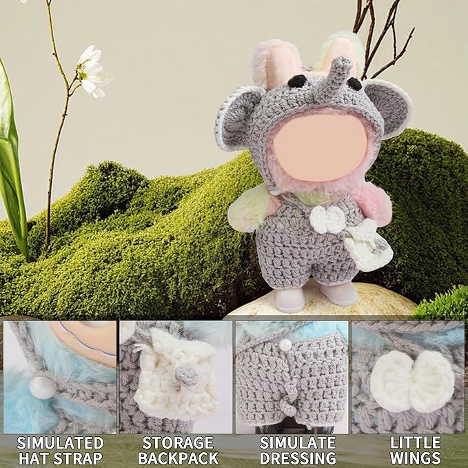 5pcs Handcrafted Elephant Outfit for 17cm Doll Clothes Set - Cute and Premium Outfits Accessories, Hand Crocheted Hat, Sweaters (Blue)