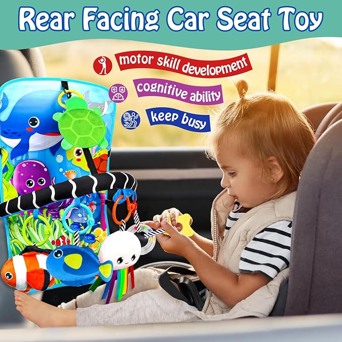 Baby Car Seat Ocean Animals Toys - Kick and Play Double Sided Infant Car Seat Toys with Plush Toys, Mirror, Teether for Baby Travel Activities, Christmas Birthday Gifts Newborn Infant Toy