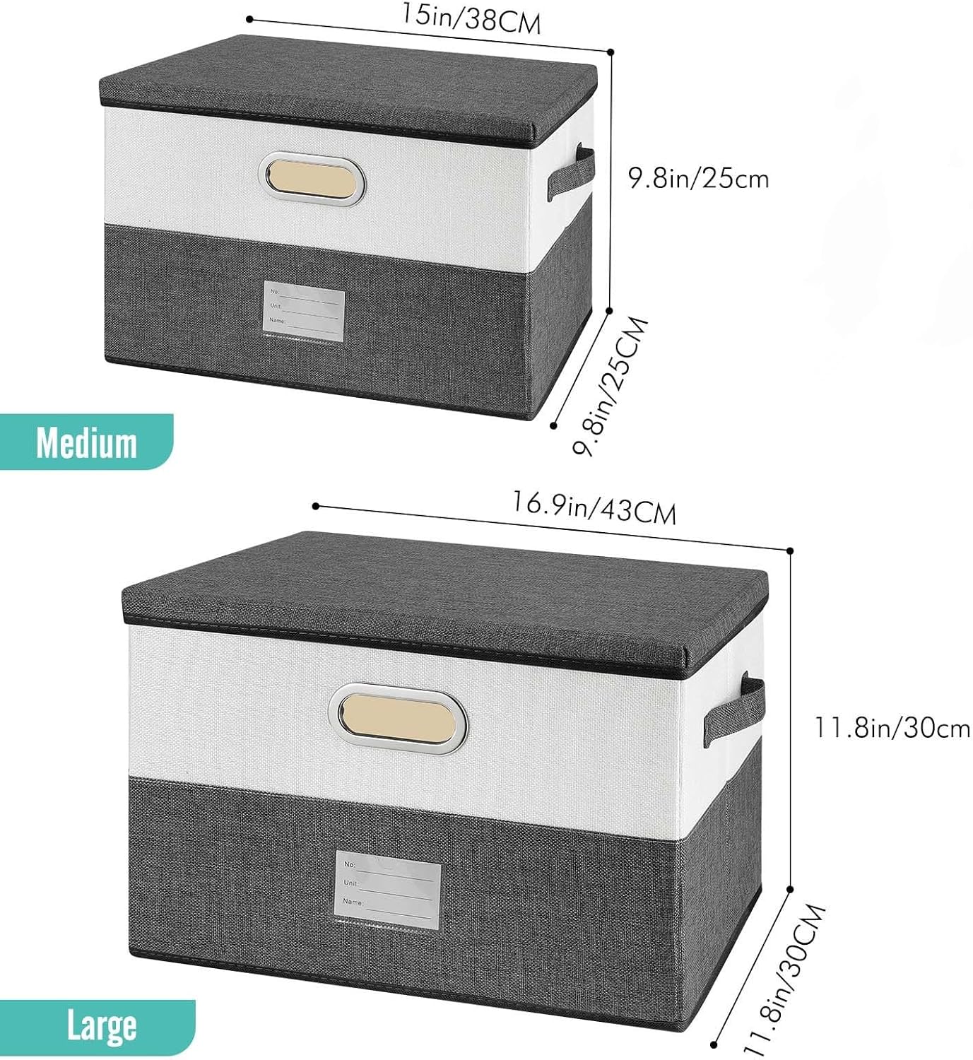 Large Linen Fabric Foldable Storage Bins with Removable Lid and Handles, Washable Storage Box Organizer Containers Baskets Cube with Cover for Bedroom,Closet,Office (Turquoise&Cream, Medium)