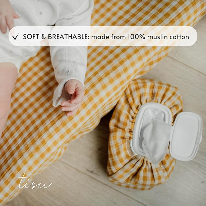 Baby Wipes Cover – Universal Size, One Size Fits All Wipes Packages | Muslin Cotton Tissue Cover for Nursery, Diaper Bag & Changing Table, Station | Gingham & Neutral Patterns (Mustard Yellow Gingham)