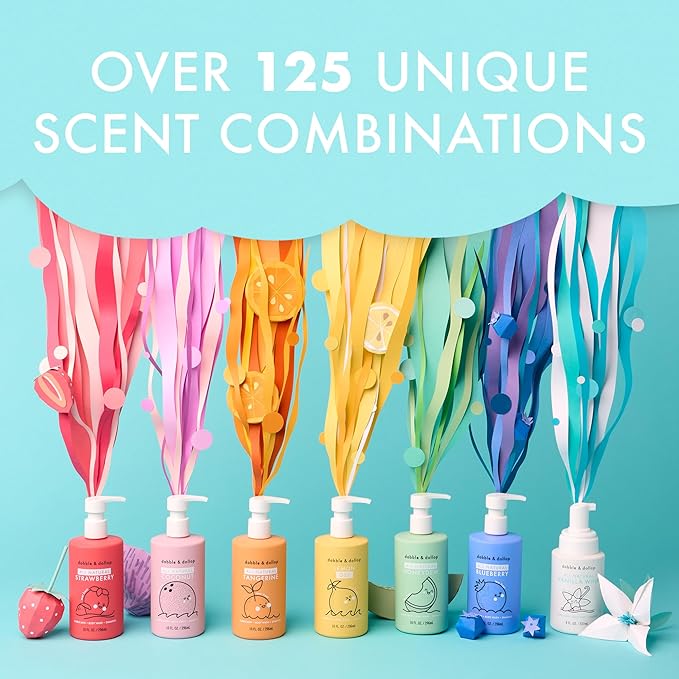 Dabble & Dollop Rainbow of Bubbles – Natural 4-in-1 Bath Set for Kids, Includes Bubble Bath, Body Wash, Shampoo, No Parabens/Sulfates, Vegan, Gluten-Free, Tear-Free (7-Pack)