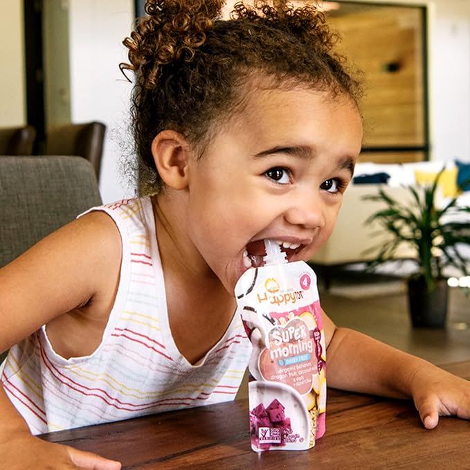 HAPPYTOT Organics Stage 4 Baby Food Pouches, Gluten Free, Vegan & Dairy Free Snack, Super Morning Fruit & Oat Blend, Apple, Acai, Coconutmilk, Oats & Chia, 4 Oz (Pack of 16)