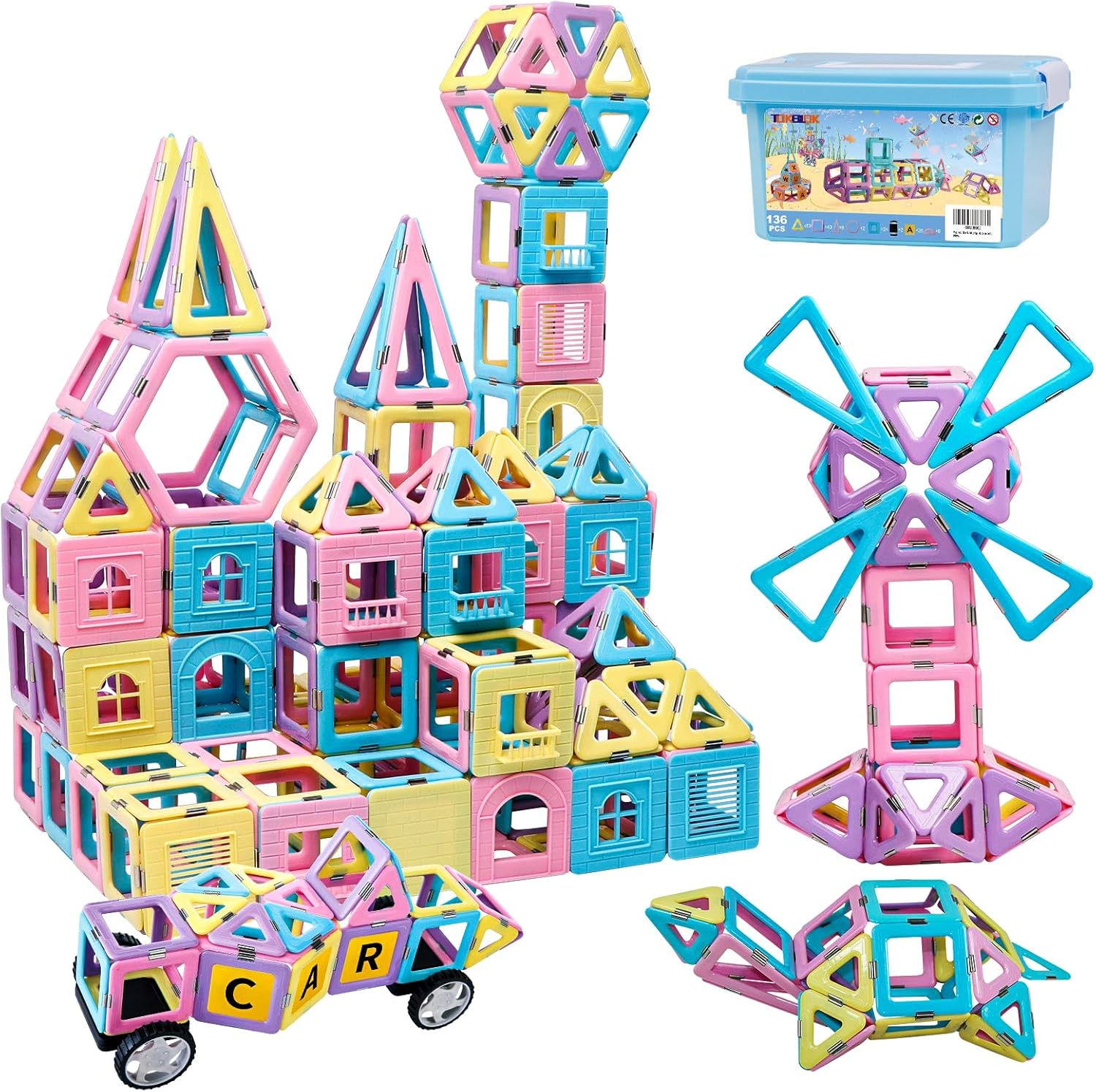 Magnetic Tiles Building Blocks Toys for Kids, 136 Pieces 3D Creative Castle Construction Magnetic Stacking Set Preschool Intelligence STEM Toys for Girls Boys Age 3years and Up (Educational Set)
