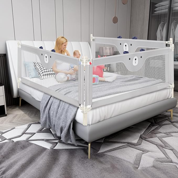 BABY JOY Bed Rail for Toddlers, 77’’ Extra Long, Height Adjustable & Folding Baby Bed Rail Guard w/Breathable Mesh & Double Safety Child Lock for Kids Twin Double Full Size Queen King Mattress (Gray)
