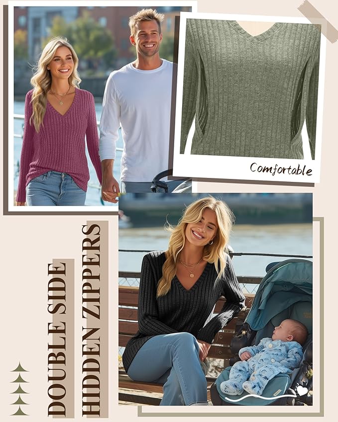 3 Pack Women's Maternity Nursing Tops, V Neck Breastfeeding Sweaters Long Sleeve Hidden Zipper Shirts