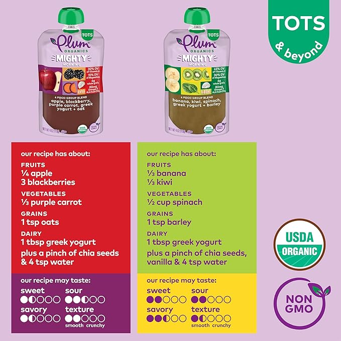 Plum Organics Variety Pack, 12+ Months - Mighty Morning Wake Up Blend - Organic Fruit and Veggie Toddler Food Pouches - 4 oz Pouch (Pack of 8)