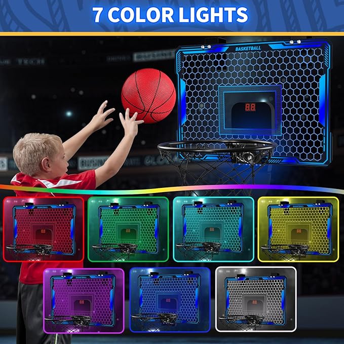Remote Control Basketball Hoop Indoor with 7 LED Lighting, Mini Basketball Hoop with Electronic Scoreboard, 3 Modes, Over Door Basketball Hoop, Basketball Toys Sport Gifts for Kids, Adults (Blue)