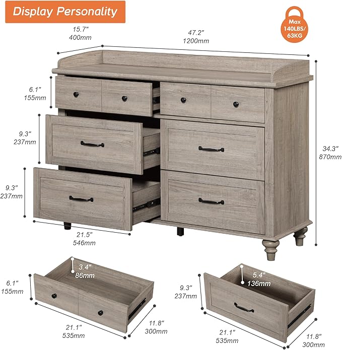 WAMPAT Grey Baby Dresser with 6 Drawers for Kids Room, Wooden Kids Dressers Double Dresser for Bedroom, Rustic Chest of Drawers Storage Dressers Organizer for Nursery, 47 Inch