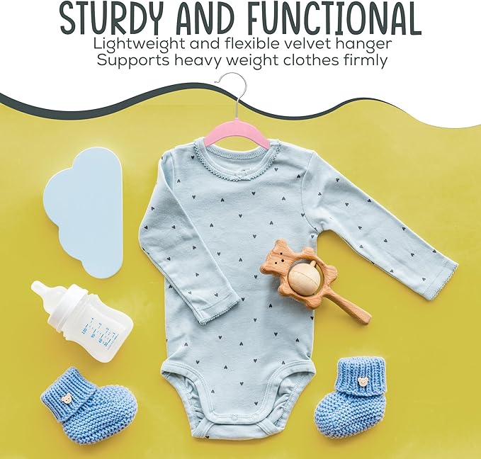 50 Premium Baby Velvet Hangers - 11.8 Inches Non-Slip & Ultra-Slim Baby Hangers for Space-Saving & Children Clothes - 360 Swivel Hook, Strong & Durable Infant & Toddler Clothes Hanger - Pink