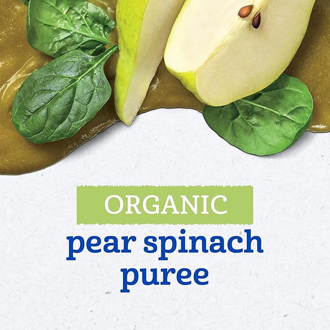 Gerber Stage 2 Baby Food, Organic Pear Spinach Puree Pouch, 2 Servings of Fruit and Veggie, No Added Sweetener, No Artificial Colors or Flavors, 12-Pack