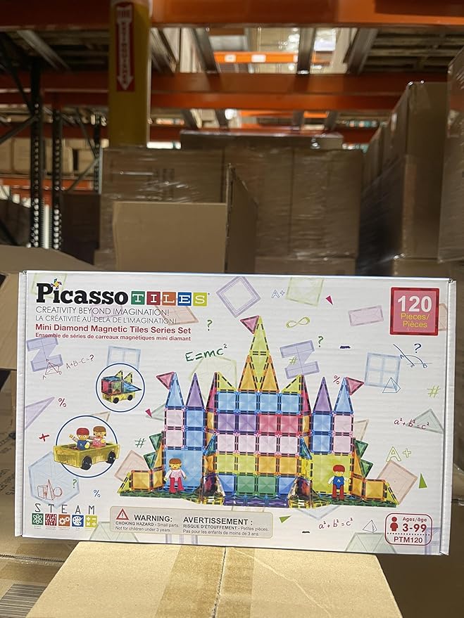 PicassoTiles 120pcs Mini Size Magnetic Tiles Magnet Toys Diamond Series Sensory Construction Building Blocks Set STEM Learning Travel Size Educational Toy for Kids Boys Girls Toddlers Age 3+ PTM120