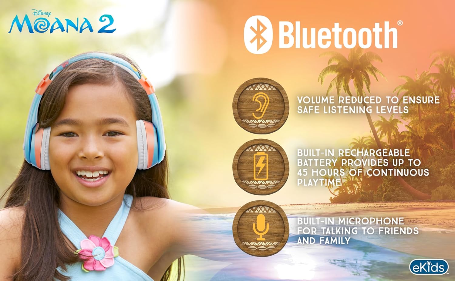 eKids Moana Bluetooth Headphones for Kids, Wireless Headphones with Microphone Includes Aux Cord, Kids Earphones for School, Home, or Travel