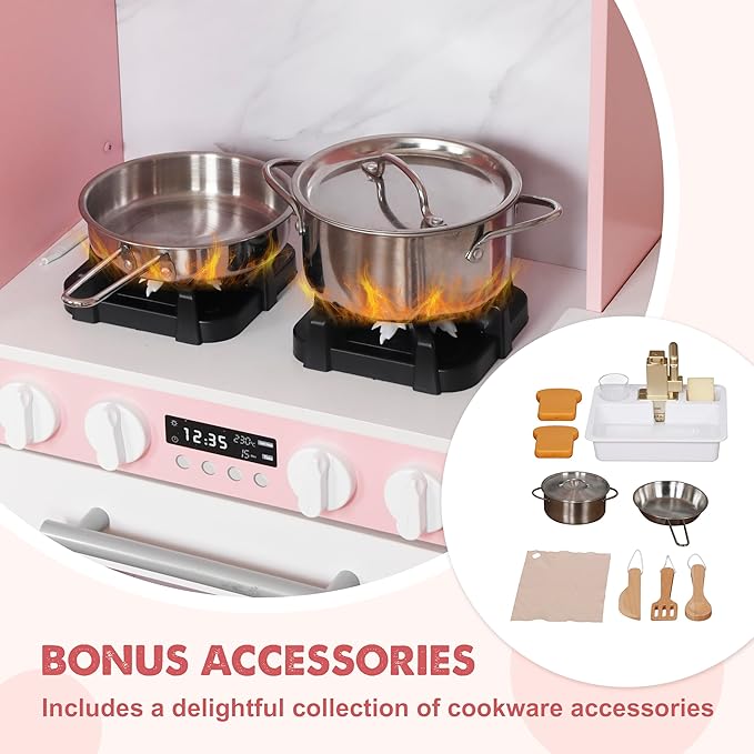 Large Wooden Corner Play Kitchen Sets with Ice Maker,Water Dispenser,Bread Maker,Washing Machine,Electronic Display,Toy Sink with Running Water,Stove with Light&Sounds, Birthday Gift for 3+ (Pink)