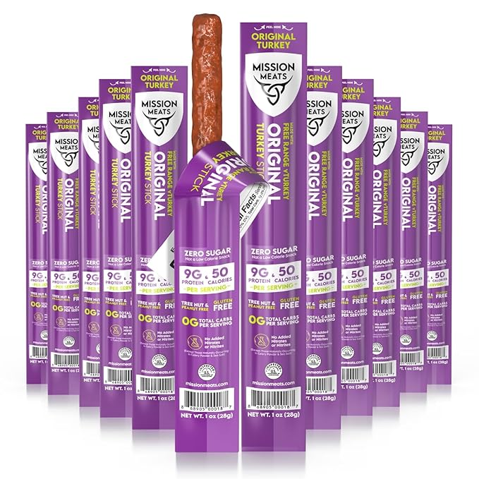Mission Meats Turkey Sticks, 100% Free Range Turkey Jerky, Zero Sugar, Delicious Healthy Snacks, 9g Protein, Individually Wrapped, Gluten Free, Original 1oz (24ct)