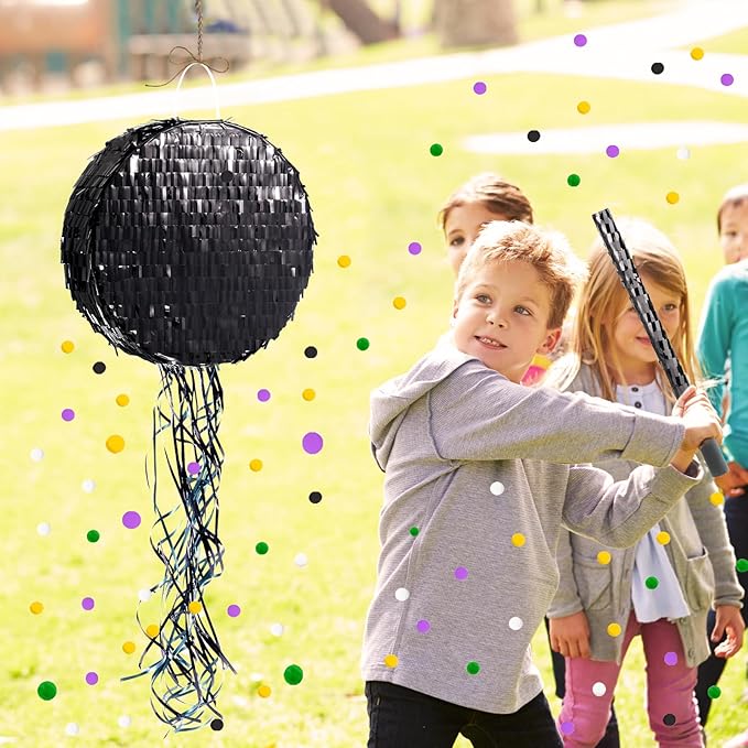 WERNNSAI Black Round Pinata for DIY - Halloween Black Moon Pinata for Kids DIY Birthday Party Disco Decoration for Adult Night Party Supplies with Confetti Bat Blindfold, 12.2”x 12.2”