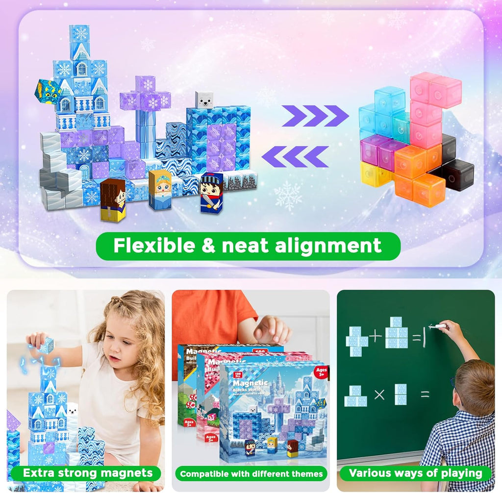 Magnetic Blocks - 100Pcs 0.8in Magnetic Building Block for Kids Ages 4-8, Transparent Magnet Block for Blue Princess Castle Build, Magnet Cubes Tiles Princess Toy for Girl 3 4 5 6 7 8-12 Birthday Gift